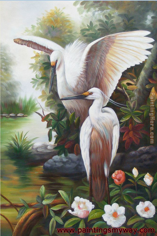 Cranes Two One Wings Spread White Flowers painting - Unknown Artist Cranes Two One Wings Spread White Flowers art painting